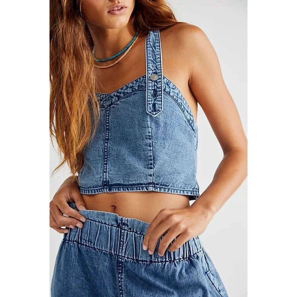 Free People We The Free Paradise Denim Criss Cross Blouse Top Cotton S 280867 - Picture 1 of 7
